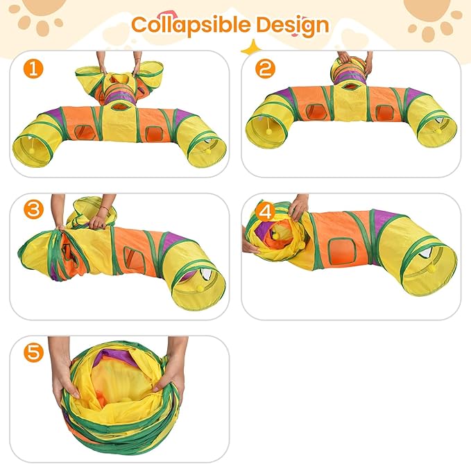 Petizer H-4-Way Collapsible Cat Tunnels for Kittens Indoor Entertainment, Washable Cute Cat Tube Toys with Interactive Playing Balls,Tear-Resistant Pet Tube, Cats, Kitten, Kitty, Puppy, Rabbit