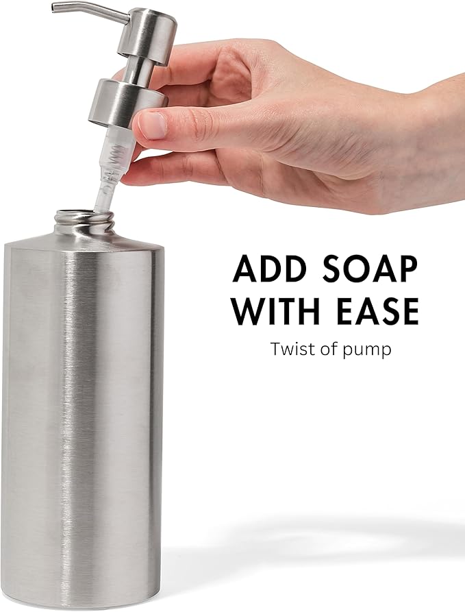 Silver Soap Dispenser Stainless Steel for Bathroom and Kitchen Sink, 15oz Refillable Round Rustproof Hand Dish Soap Dispenser Pump for Detergent, Lotion, and Countertop