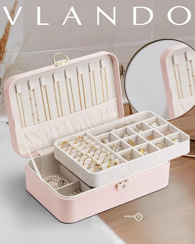 Vlando Jewelry Box Organizer for Women Girls, 2 Layer Jewelry Case with Lock,Jewelry Storage Earrings Necklace,Rings,Gift Box Packaging,Wedding Birthday Gifts-Pink