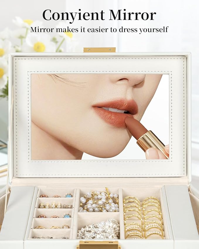 TORIBIO Jewelry Box for Women, Leather Jewelry Organizer with Mirror & Lock, 3-Tier Jewelry Storage Organizer with 2 Drawers for Girls/Women/Mothers, Necklace Earring Bracelets Holder Organizer