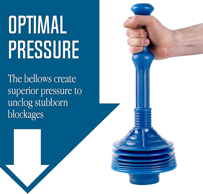 JS Jackson Supplies Professional Bellows Accordion Toilet Plunger, High Pressure Thrust Removes Heavy Duty Clogs from Clogged Bathroom Toilets, All Purpose Power Plungers for Bathrooms, Cobalt
