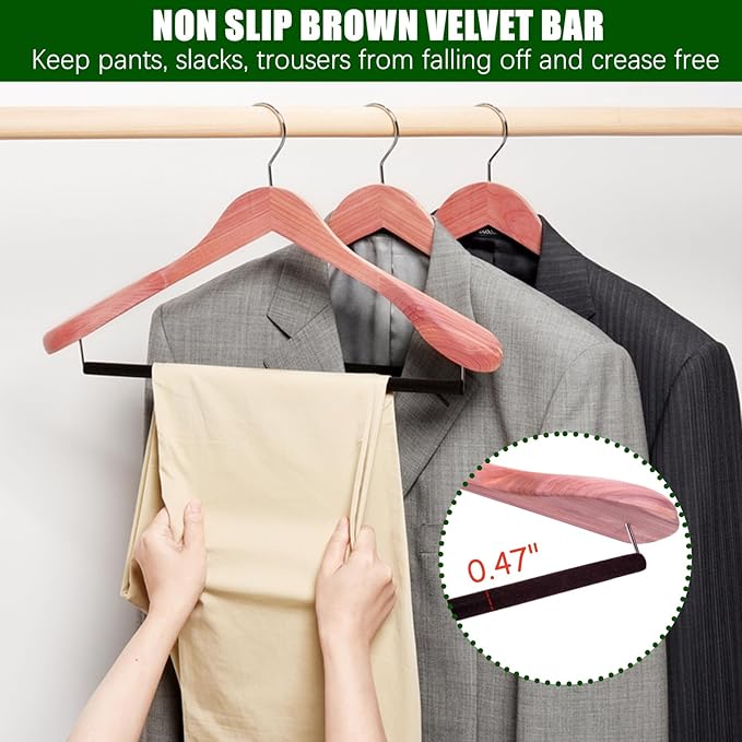 Amber Home 5 Pack American Red Cedar Wood Coat, Suit Hangers with Extra Wide Shoulder, Wooden Jacket Clothes Hanger Smooth Deluxe Aromatic Natural Cedar with Non Slip Velvet Pant Bar
