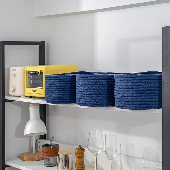 CubesLand Small Storage Baskets for Shelves, Navy Blue Closet Organization Storage Bins Empty Gift Basket 3 Packs Baby Nursery Woven Baskets for Organizing, Rectangular Clothes Closet Shelves Baskets