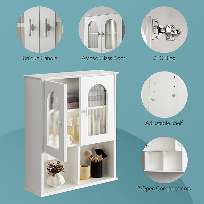 Bathroom Wall Cabinet with Lighting & Tissue Hole, Wall Mounted Glass Door Medicine Cabinet Over Toilet Storage for Laundry Room Kitchen