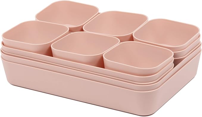 Backerysupply Set Of 12 Pink Color Plastic Desk Drawer Organizers For Makeup Bathroom Office Kitchen Vanity Drawer Storage Box Container
