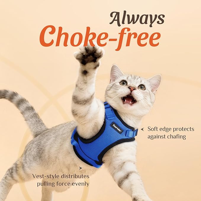 Dooradar Cat Harness and Leash Set, Escape Proof Safe Adjustable Kitten Vest Harnesses for Walking, Easy Control Soft Breathable Mesh Jacket with Reflective Strips for Cats, Blue, M