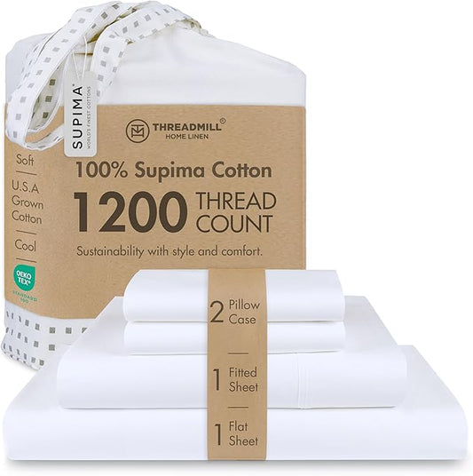 Threadmill Luxury Supima Cotton Sheets, Luxury 1200 Thread Count Soft 100% Cotton Sheets for Full Size Bed, 4 Pc White Bed Sheets Full Set, 5-Star Hotel Quality Deep Pocket Bed Sheets Set