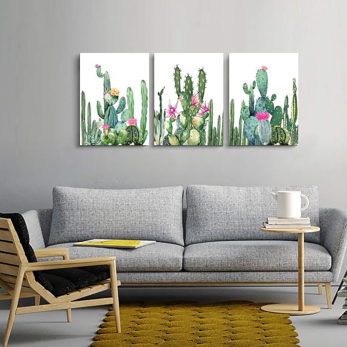 Canvas Wall Art for living room bathroom Wall Decor for bedroom kitchen artwork Canvas Prints green watercolor cactus painting 3Pieces abstract Modern framed office Home decorations family picture