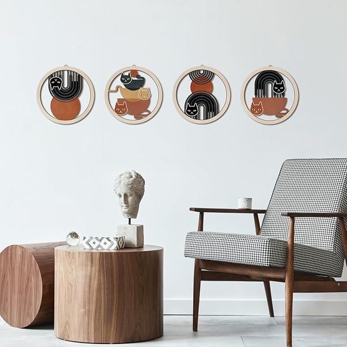 HPNIUB Boho Black Cat Wall Decor, Farmhouse line Geometric Coffee Tea Hanging Wooden Wall Art, 4 Pieces 10''x10'' Mid Century Abstract Sun Wood Sign for Nursery Bedroom Decoration, Lovely Cat Gifts