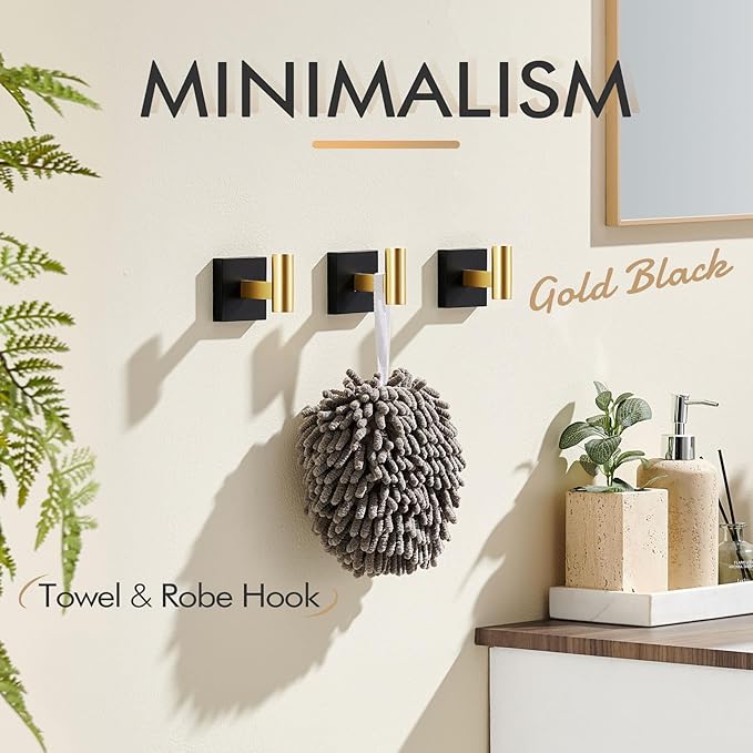 KOKOSIRI Robe Hooks for Wall Mount Bathroom Towel Hook, Coat Hooks Bath Storage Hardware 3 Pack Black with Gold Stainless Steel B1013GDK-P3