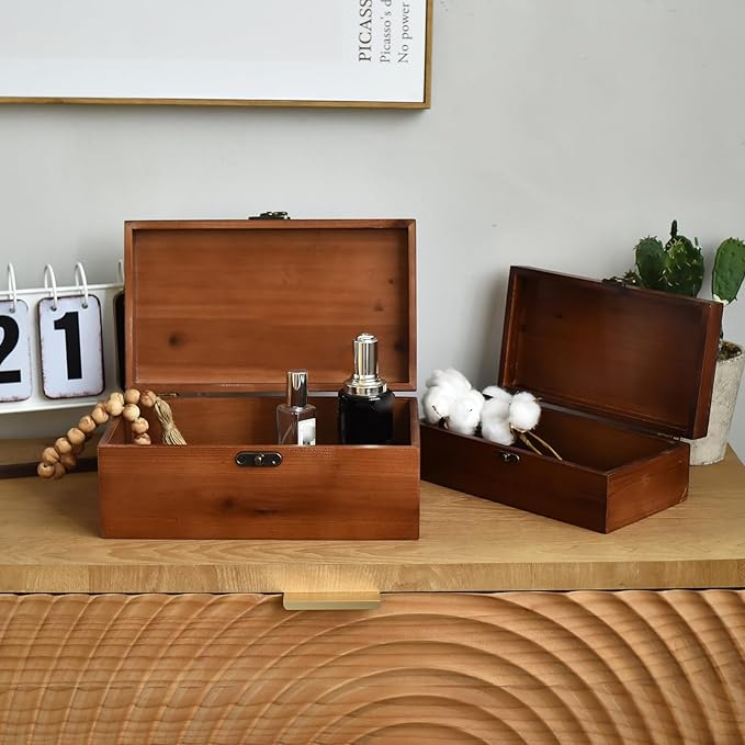 Wooden Storage Boxes Set of 2 with White Inlay Lid – Decorative Keepsake Boxes with Metal Latch, Rustic Wooden Organizer for Jewelry, Photos, Crafts, and Home Decor
