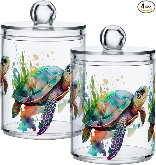 4 Pack Qtip Holder Dispenser Turtle Watercolor Cotton Ball Cotton Swab Round Pads Floss Clear Bathroom Storage Containers Plastic Apothecary Jars with Lids
