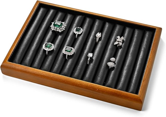 Oirlv Solid Wood 11 Slots Ring Tray Jewelry Organizer Tray Jewelry Drawer Organizer(Black)