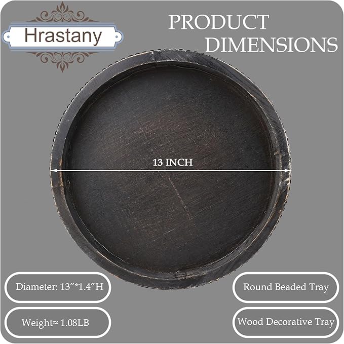 Round Wooden Serving Tray with Beads, Circle Vintage Black Wood Coffe Table Tray for Dining Room Table Centerpiece, Kitchen Counter