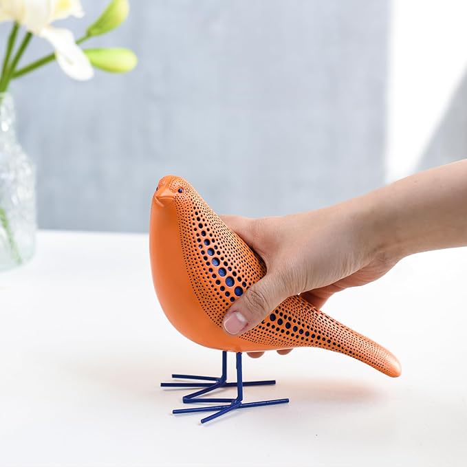 Quoowiit Bird Figurine, Modern Sculpture and Statues for Home Decor, Animal Statues for Bookshelf, Table, Entryway, Fireplace, Resin Decorative Sculpture with Chic Polka Dots Art Design (Orange)