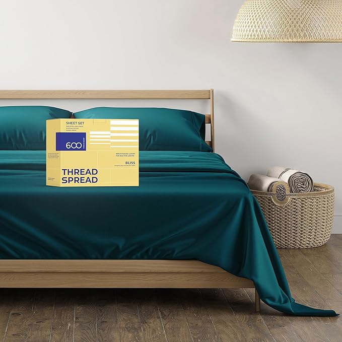 THREAD SPREAD 100% Egyptian Cotton Sheets California King Size - 600 Thread Count 4 PC Luxury Sheets Cal King Size, Soft, Cooling Hotel Luxury Bed Sheets & Pillowcases, Fits Mattress Upto 18" - Teal