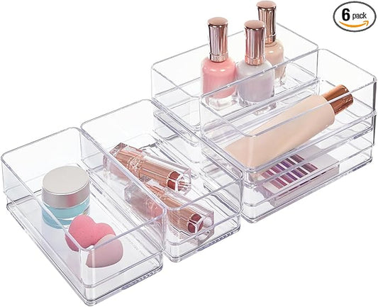 STORi SimpleSort 6-Piece Stackable Clear Drawer Organizer Set | 6" x 3" x 2" Rectangle Trays | Small Makeup Vanity Storage Bins and Office Desk Drawer Dividers | Made in USA