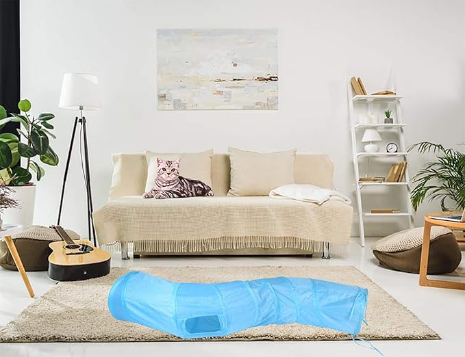 Cat Tunnel for Indoor Cats Interactive, Rabbit Tunnel Toys, Pet Toys Play Tunnels for Cats Kittens Rabbits Puppies Crinkle Pop Up Blue 47" Shape S