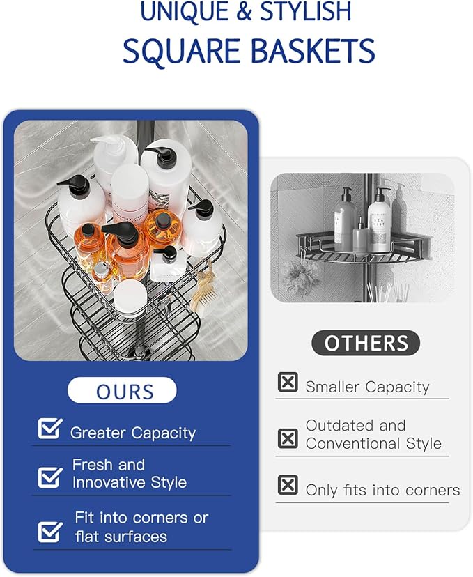 SEIRIONE Rustproof Shower Caddy and Organizer Corner for Bathroom, Tension Pole With 4 Adjustable Baskets for Shower Accessories, 34 to 116 Inch Height, Black