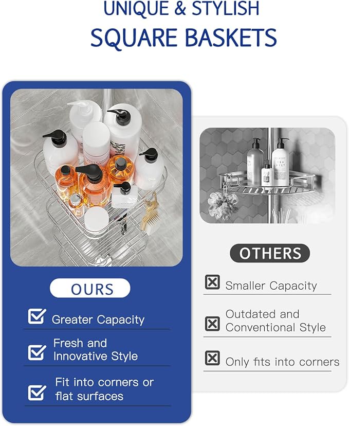 SEIRIONE Rustproof Shower Caddy Corner and Shower Organizer Corner for Bathroom,Corner Shower Caddy Tension Pole with 4 Adjustable Baskets for Shower Accessories, 34 to 116 Inch Height, Silver