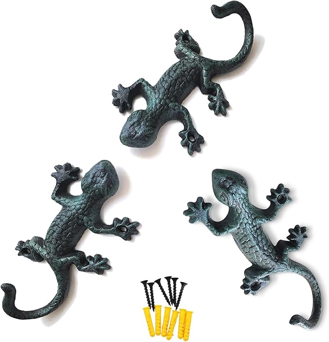 Outdoor Cast Iron Pool Towel Wall Hooks, Lovely Gecko Heavy-Duty Coat Hooks, Fun Lizard Pool Towel Holder for Outdoor and Indoor，Cool Gecko Key Holder and Wall Decor (3 Pcs)
