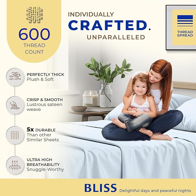 THREAD SPREAD 100% Egyptian Cotton Sheets Sets Full Size - 600 Thread Count Sheets 4 PC 16" Deep Pocket Full Size Sheets Set, High Thread Count Soft Cooling Sateen Hotel Luxury Sheets Set - Light Blue