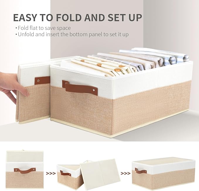 Closet Organizer Bins 3 Pack, Large Storage Bins for Shelves, Foldable Closet Storage Boxes Baskets with Leather Handles for Organizing Clothes, Sheets, Jeans, Toys, Books（Begie）