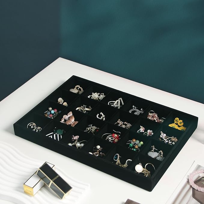 Coward 2PC Black Velvet Stackable 24 Gird Jewelry Organizer Tray Necklace Earring Box Storage Drawer Ring Earring Display Holder (24grid+24grid)