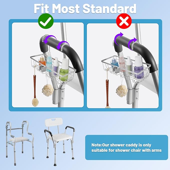2-In-1hanging shower chair caddy : Holder Organizer Rustproof Shower Chair Accessories for tub bath room with arms chair storage basket shelf fit Seniors Elderly Disabled Patient Pregnant(Silver)