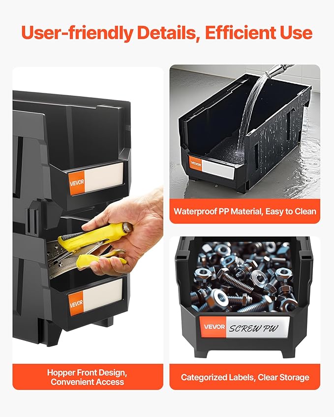 VEVOR Plastic Stackable Storage Bins, 14.8 x 8.5 x 7.1 inch (12 Pack), Plastic Containers for Organizing & Storage Bins for Garage, Small Parts, Office Supplies, Other Accessories, Black & Transparent