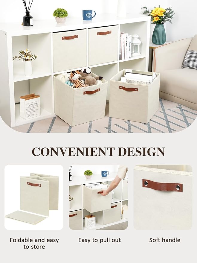 Temary Cube Storage Bins 4Pack Foldable Storage Baskets for Clothes Shelf Basket with Handles, Fabric Storage Boxes Organizer Bins for Home (Beige, 13x15x13 Inch)