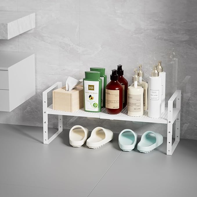 Multi-Functional Metal Shoe Rack,Expandable Adjustable Stackable Kitchen Organizer,Metal Shelf risers for cabinets, Kitchens and Closet, Bathroom2Packs/White/Medium