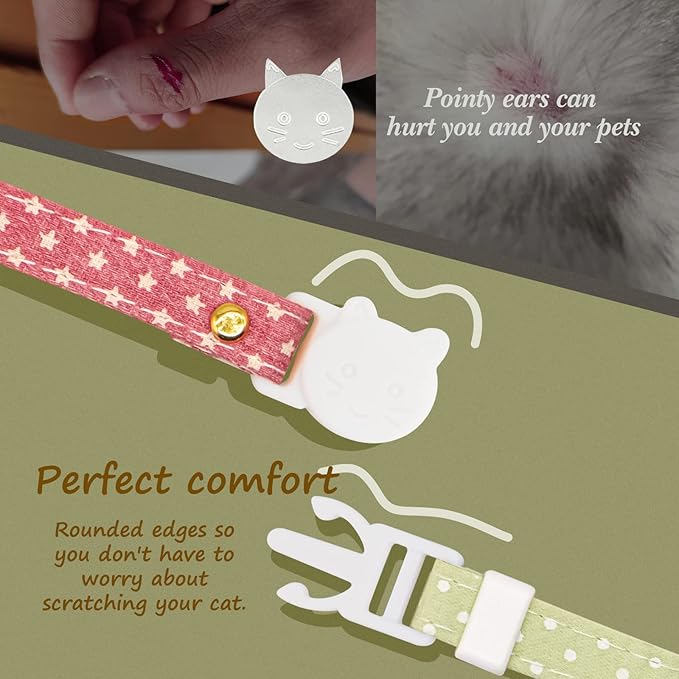 2 Pack Cotton Breakaway Cat Collar with Bell Pink & Green Paw Pendant Cute Kitten Cat Collar Suitable for Girls and Boys