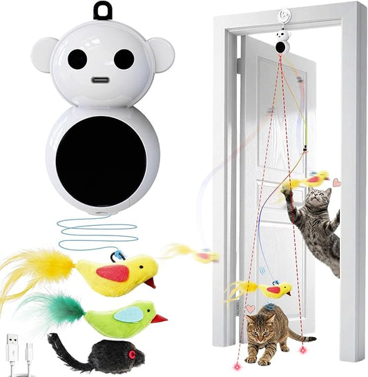 Interactive Cat Toys for Indoor Cats - 2 in 1 Automatic Laser Pointer Cat Toy with Feather Flying Bird，Smart Moving Mouse Wand Toy with 2 Modes, Auto On/Off Hanging Toys for Bored Kitten & Adult Cats