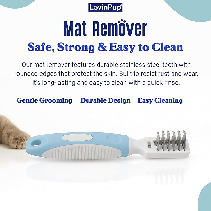 Pet Mat Remover – Professional Dematting Comb for Dogs and Cats – Stainless Steel Rounded Teeth for Gentle Knot & Tangle Removal – Dog Dematting Tools & Dog Grooming Supplies