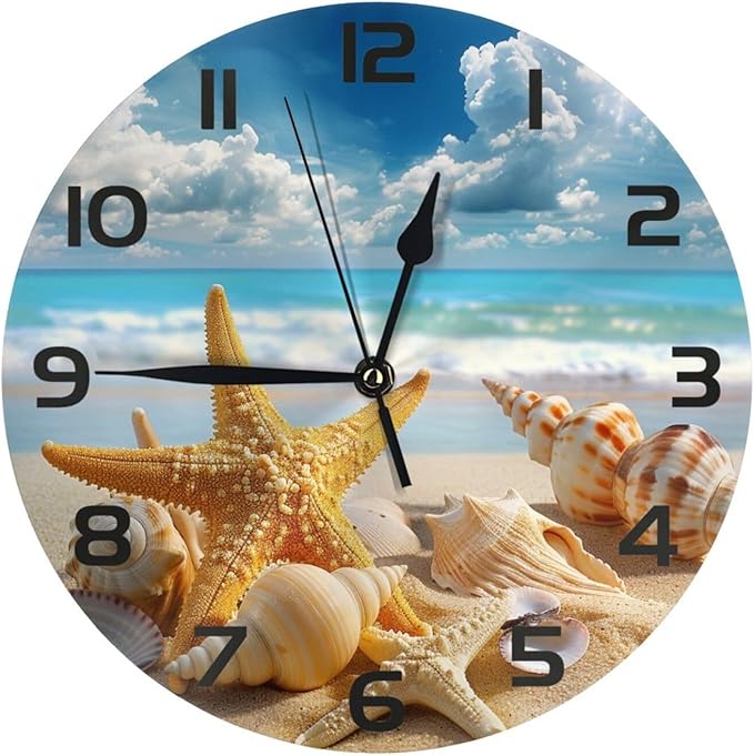 Starfish Seashells Beach Wall Clock 10 Inch Silent Non Ticking Wall Clocks Battery Operated Wall Decorative Clock for Bedroom Kitchen Office Classroom