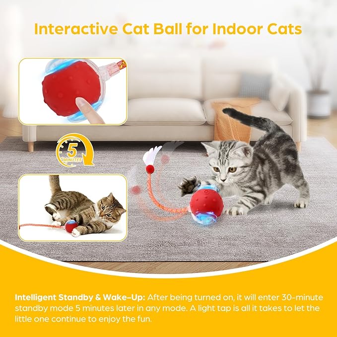 Interactive Cat Toys, Automatic Moving Cats Toy with Elastic Mesh Bell Tail, Rechargeable Cat Ball for Bored Indoor Adult Cats, Energetic-cat (Red)