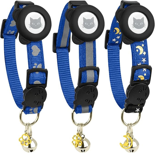 Cat Collar with AirTag Holders, 3-Pack, Reflective Breakaway Safety Collars, Bells and Matching Charms, Adjustable, Paw Hearts, Moon Stars Design, Lucky Charm, Blue