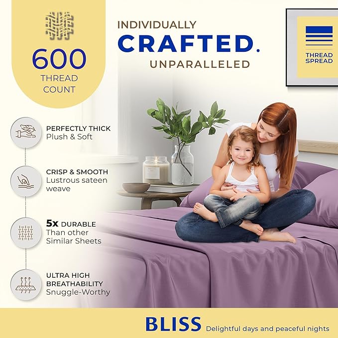 THREAD SPREAD Luxury Egyptian Cotton Sheets Twin XL Size - 600 Thread Count 3 PC Twin XL Sheets Deep Pockets, Extra Soft, Cooling Extra Long Staple Sateen Weave College Dorm Bedding Twin XL - Plum