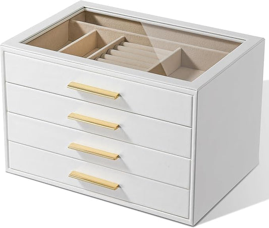 pickpiff Jewelry Box Organizer Case for Women: 4-Layer Jewelry Storage Case with Glass Window, Pure White Leather with Velvet Holder for Ring Necklace Bracelet Brooch Watch, Great Gift for Her