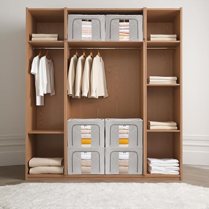 Clothes Storage Bins, Cloth Bags for Storage, 2 Pack Foldable Metal Frame Clothing Storing Bins with Double Visable Window, Large Capacity Container Box with Reinforced Handles, (66 L Grey)