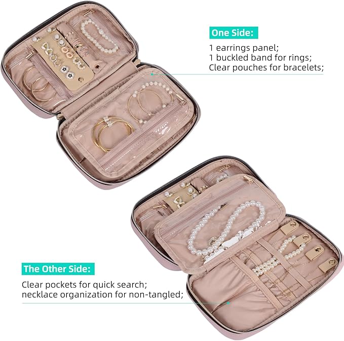 NISHEL Travel Jewelry Case, Holiday Organizer for Necklaces, Earrings, Rings, Bracelets, Watch, Peach Pink