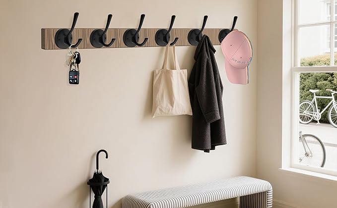 Black Towel Hooks for Wall, 5 Pack Coat Robe Hook Heavy Duty Metal Double Bath Hook Wall Mounted, Hat Hooks for Cubicle Bathroom Kitchen Closet Garage