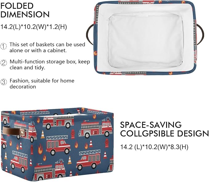 Fire Trucks Large Storage Basket Cube Storage Bin Canvas Fabric Organizer Handles Collapsible Decorative for Clothes Toys Bedroom