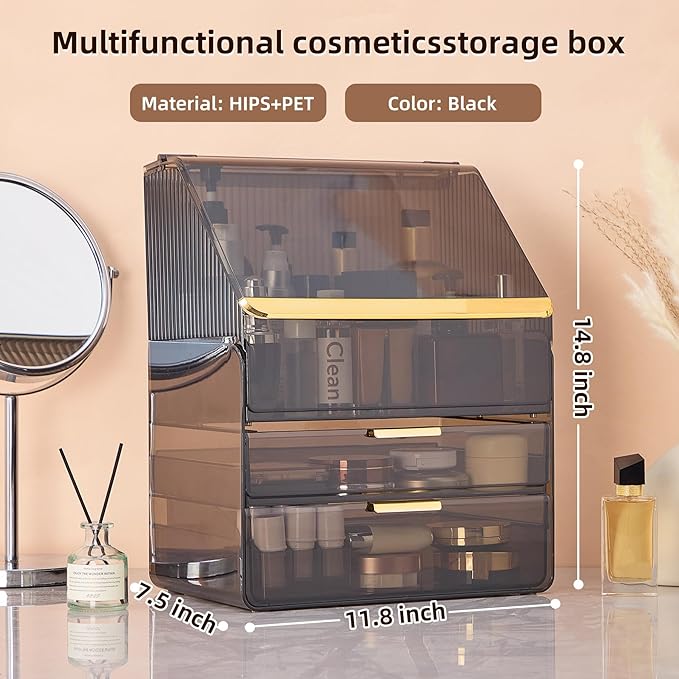 Large Cosmetic Organizer Fully Transparent with Drawers, Dustproof Waterproof Bathroom Counter Storage for Skincare Lipstick Makeup Brushes(Black)