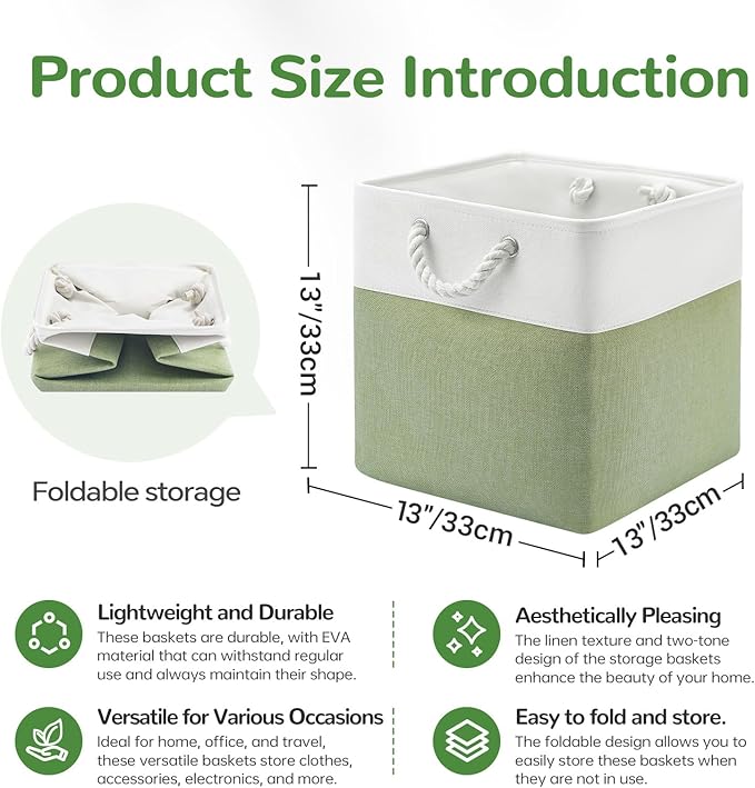 13 x 13 Inch Cube Storage Bins, 6 Pack Fabric Storage Basket with Handles, Foldable Boxes Organizer for Shelf Baskets for Home, Clothes, Toys (White/Green)