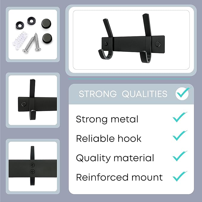 Matte Black Small Coat Rack Wall Mount – 6 Inch Stainless Steel Hook Rail with 2 Double Coat Hooks – Wall Mounted Entryway Organizer for Coats, Hats, Bags, Towels, Robes, Closet or Bathroom - 2 Pack