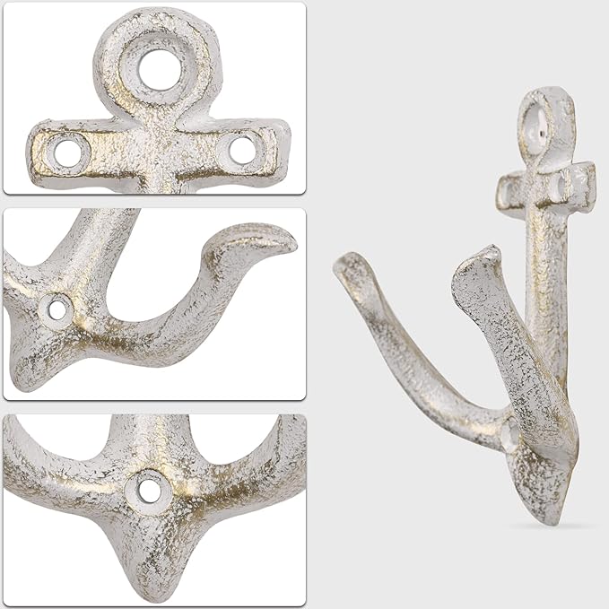 XINGYAN Vintage Rustic Cast Iron Nautical Sea Anchor Design Wall Hooks,Home Coat Rack,Decorative Wall Mounted Antique Shabby Chic Metal Bathroom Towel,Coat Hooks,Hanger,Screws Inside (Beige[4pcs])