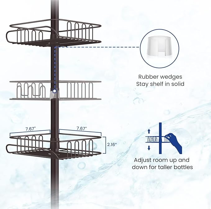 SEIRIONE Rustproof Shower Caddy Corner and Shower Organizer Corner for Bathroom,Corner Shower Caddy Tension Pole with 4 Adjustable Baskets for Shower Accessories, 34 to 116 Inch Height, Oil Bronze