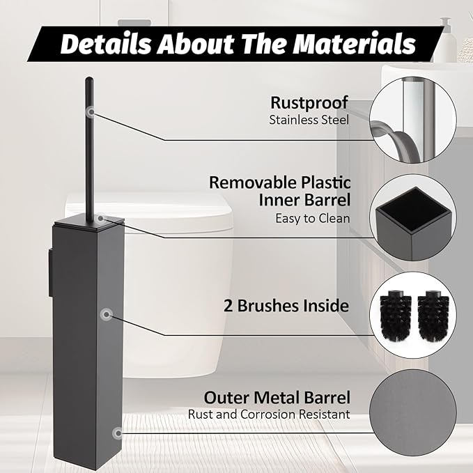 BGL Toilet Brush and Holder Set Gun Grey Wall Mounted for Bathroom Square Design